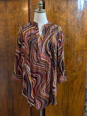 Cocomo Psychedelic Marble Wave Print Henley Tunic Top Plus 1X Trippy Swirl Brown